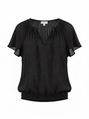 LOFT Navy Polka Do Pattern Round Neckline Keyhole Puff Short Sleeve Blouse